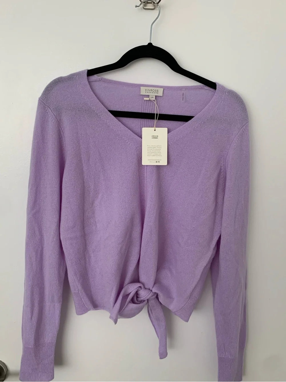 Kinross 100% cashmere front vee tie sweater lavender NWT